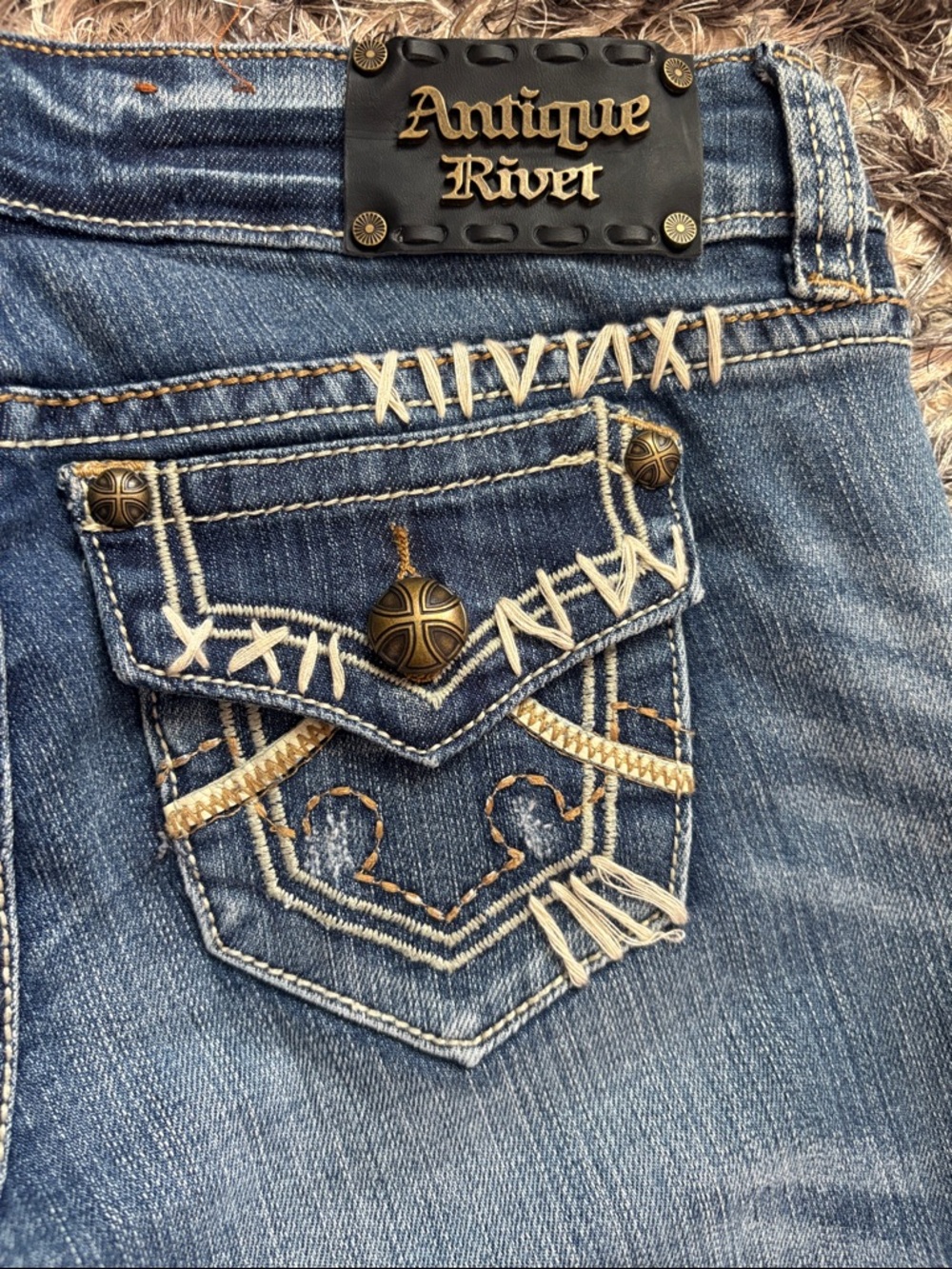 Antique Rivet Low-Rise Cotton Blue Flare Jeans with Subtle Distress - Picture 4 of 12